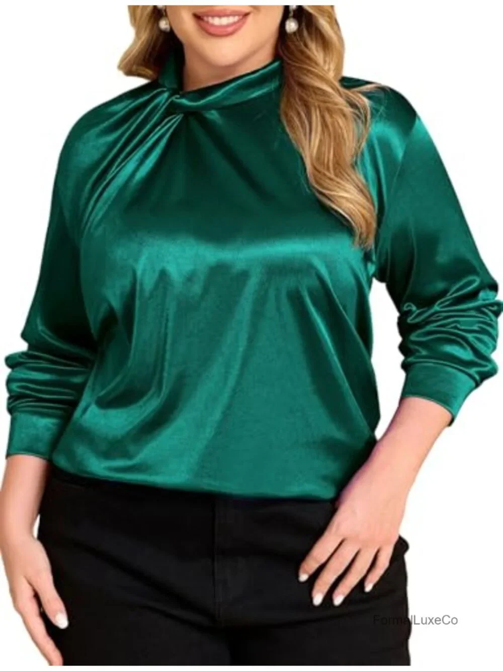 Plus Size Satin Business Casual Blouse Long Sleeve Twist Mock Neck Office Top